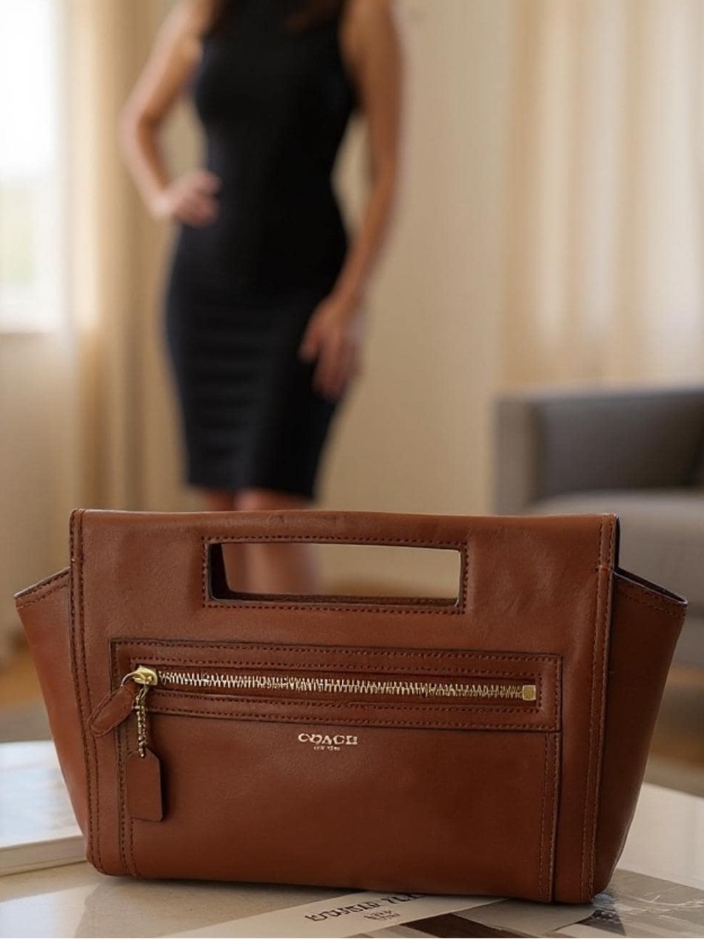 Coach legacy leather basket clutch in cogniac  brown 8”L x 13”W x 3”D